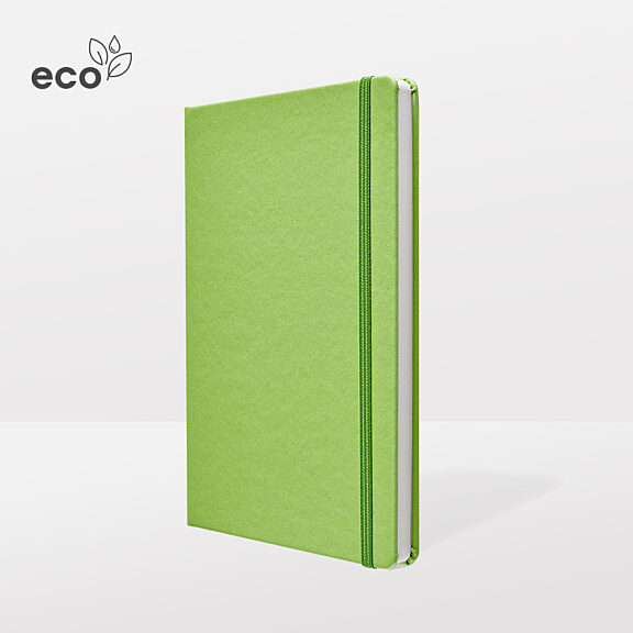 Ecological green notebook with bright green border and ECO logo with leaf symbol