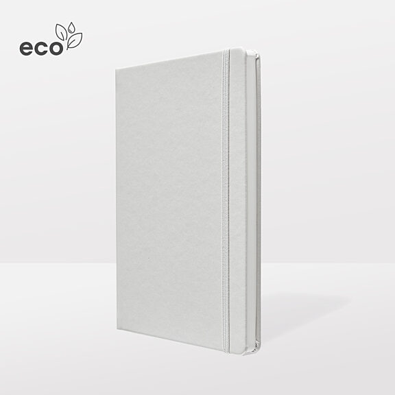 Grey notebook with silver ribbon and 'eco' quality seal with leaves