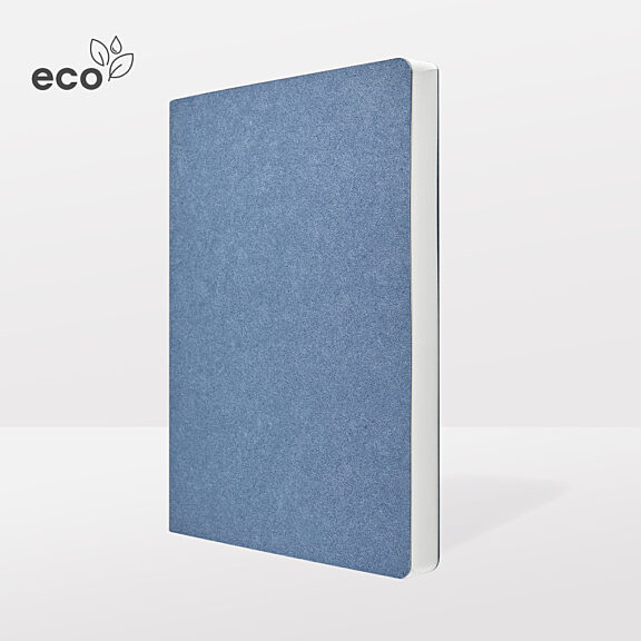 Ecological blue notebook with fine texture and ECO logo with leaf symbol
