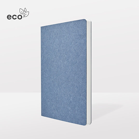 Himmelblaues Notizbuch mit strukturierter Oberfläche und 'eco' Qualitätssiegel mit Blättern