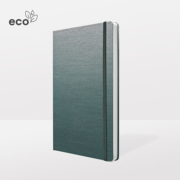 Ökologisches grau-grünes Notizbuch mit ECO-Logo und Blattsymbol