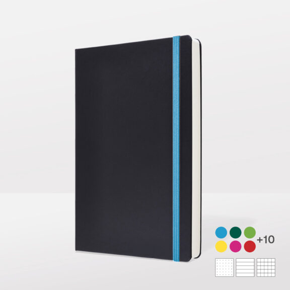 Schwarzes Notizbuch A5 mit blauem Band, daneben Farbauswahl-Icons mit +10 Farbhinweisen