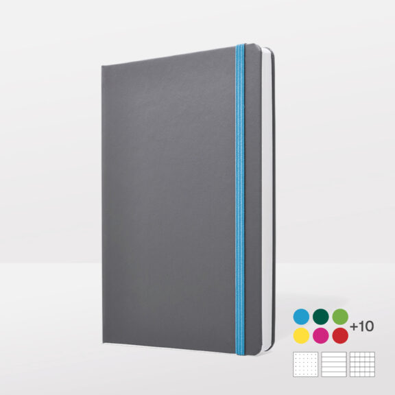Graues Notizbuch A5 mit blauem Band, daneben Farbauswahl-Icons mit +10 Farbhinweisen