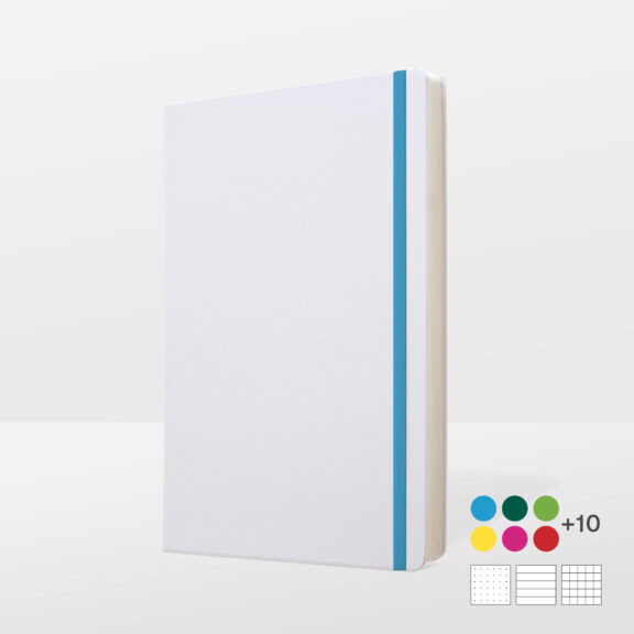 Weißes Notizbuch A5 mit blauem Band, daneben Farbauswahl-Icons mit +10 Farbhinweisen