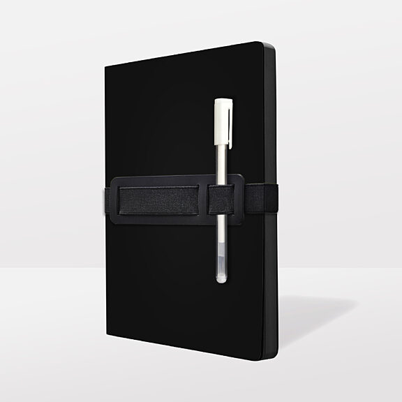 Schwarzes Notizbuch mit elastischem Stifthalter und weißem Stift