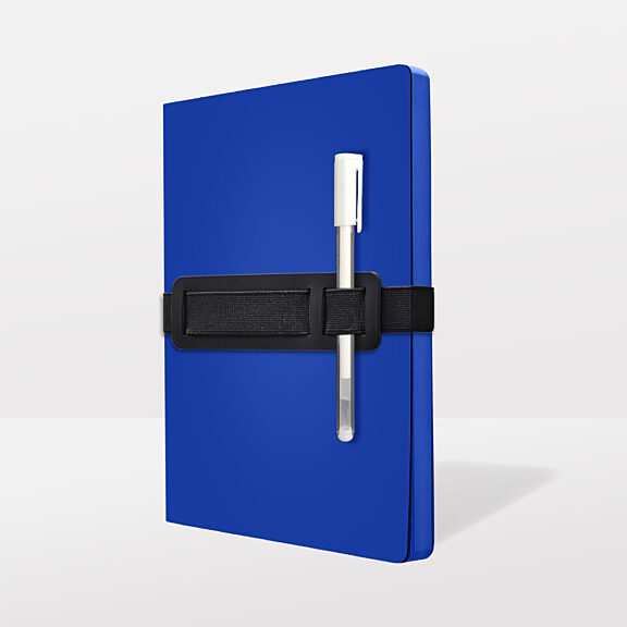 Blue notebook with blue pages, black closure band, and integrated white pen