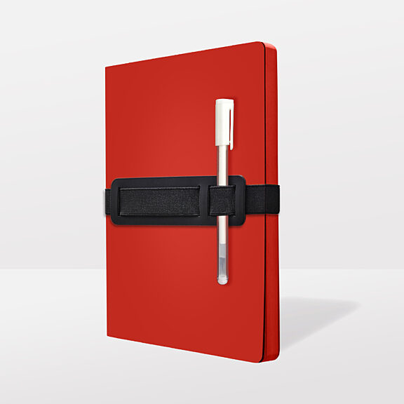 Rotes Notizbuch mit elastischem Stifthalter und weißem Stift
