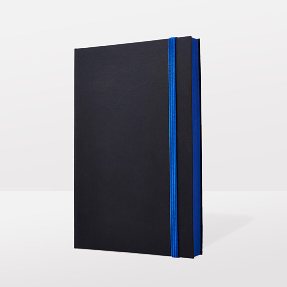 Black notebook with blue ribbon