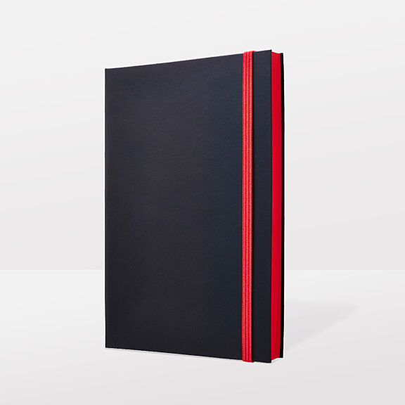 Black notebook with red ribbon