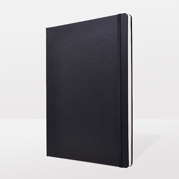 Black, closed A4 notebook with black ribbon