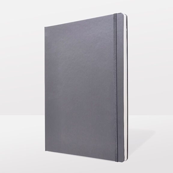 Grey, closed A4 notebook with grey ribbon