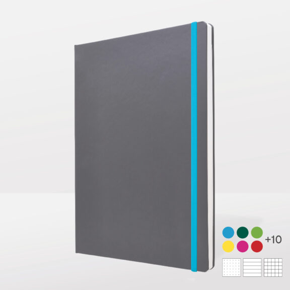 Graues Notizbuch A4 mit blauem Band, daneben Farbauswahl-Icons mit +10 Farbhinweisen