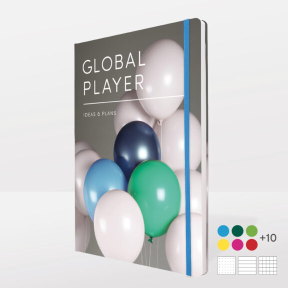 A4 notebook titled 'GLOBAL PLAYER' with a cover featuring colorful balloons