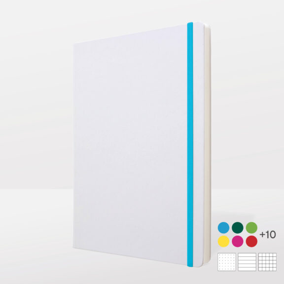 Weißes Notizbuch A4 mit blauem Band, daneben Farbauswahl-Icons mit +10 Farbhinweisen