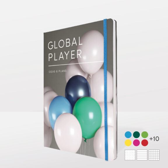A5 notebook titled 'GLOBAL PLAYER' with a cover featuring colorful balloons