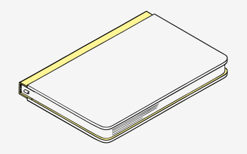 Linienzeichnung eines Skizzenbuches mit gelbem Rücken und Lesezeichen