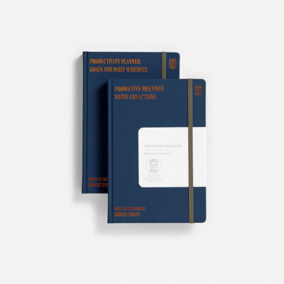 Dunkelblaue Produktivitätsplaner und Meeting-Notizbücher mit weißem Label und goldenem Band
