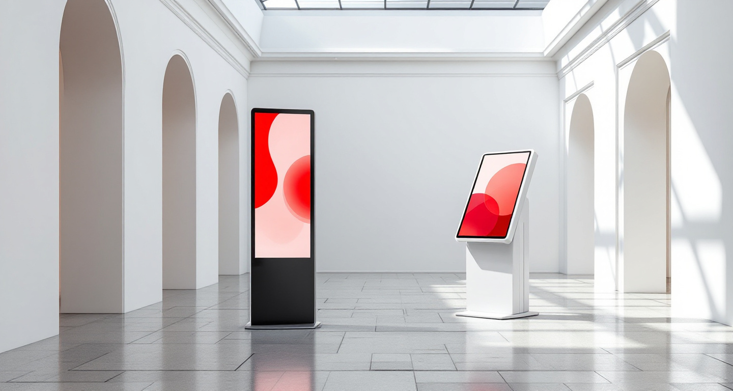A museum atrium with an upright kiosk totem and an angled information stand showing minimal red gradients