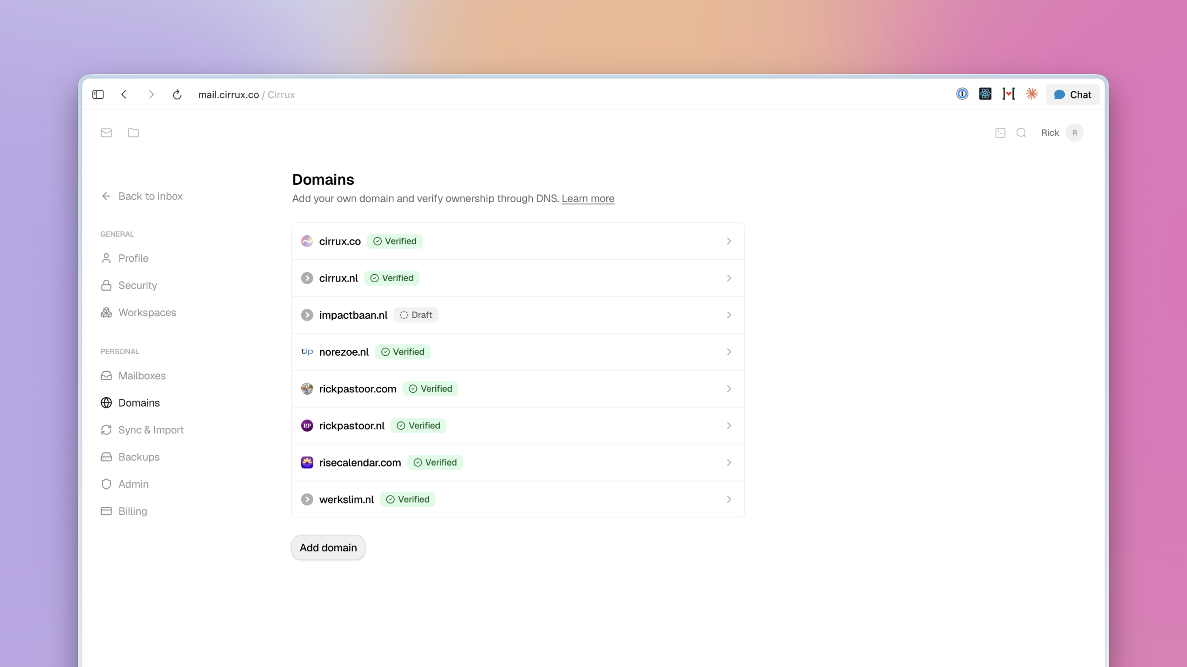 Domains page